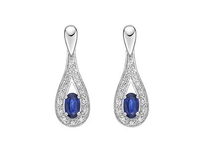 10K White Gold 5x3mm Oval Cut Sapphire and 0.115cttw Diamond Halo Dangle Earrings with Butterfly Backings