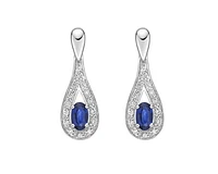 10K White Gold 5x3mm Oval Cut Sapphire and 0.115cttw Diamond Halo Dangle Earrings with Butterfly Backings