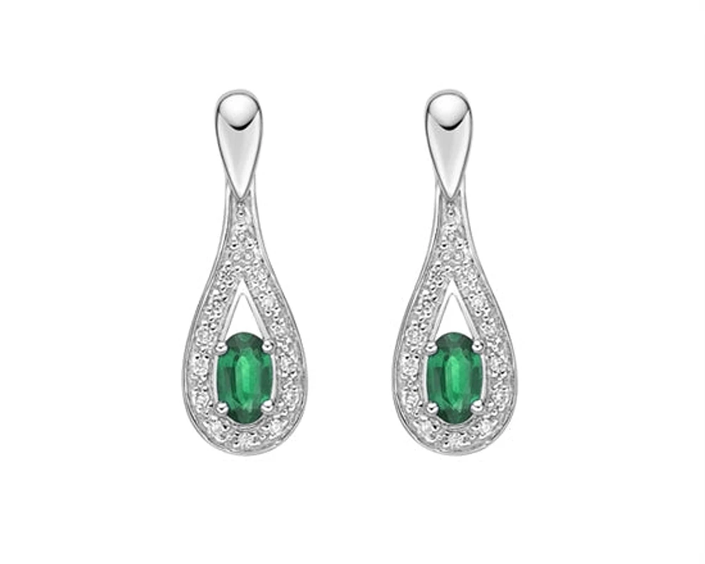 10K White Gold 5x3mm Oval Cut Emerald and 0.115cttw Diamond Dangle Earrings