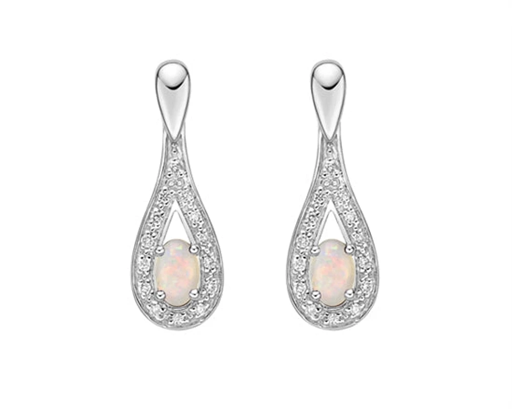 10K White Gold 5x3mm Oval Cut White Opal and 0.115cttw Diamond Dangle Earrings with Butterfly Backings