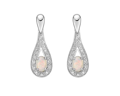10K White Gold 5x3mm Oval Cut White Opal and 0.115cttw Diamond Dangle Earrings with Butterfly Backings