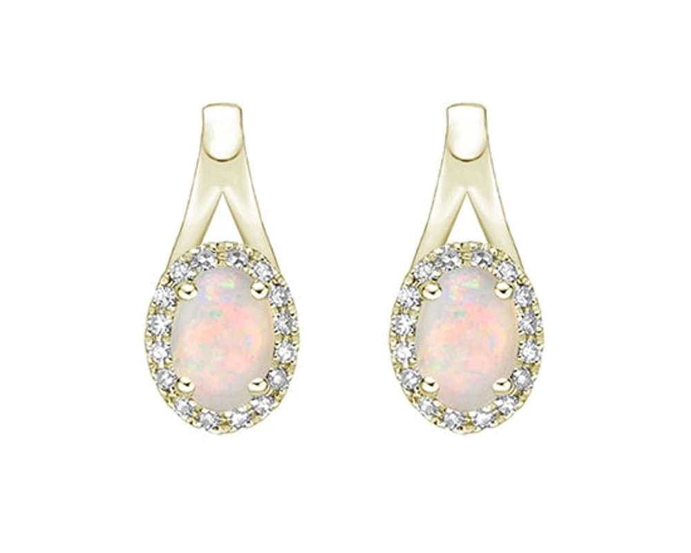 10K Yellow Gold 6x4mm Oval Cut White Opal and 0.11cttw Diamond Halo Earrings with Leverbacks