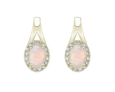 10K Yellow Gold 6x4mm Oval Cut White Opal and 0.11cttw Diamond Halo Earrings with Leverbacks