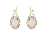 10K Yellow Gold 6x4mm Oval Cut White Opal and 0.11cttw Diamond Halo Earrings with Leverbacks