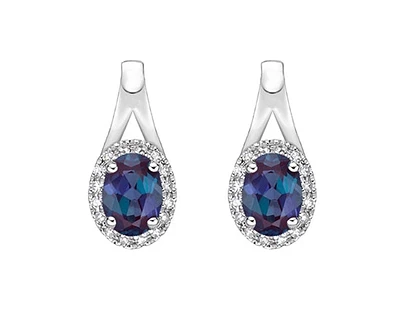 10K Gold 6x4mm Oval Cut Created Alexandrite and 0.11cttw Diamond Halo Earrings with Leverbacks