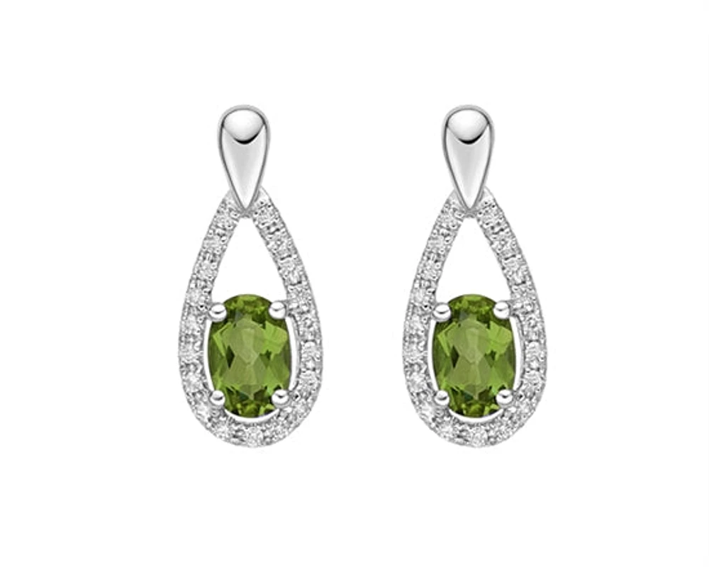 10K White Gold 6x4mm Oval Cut Peridot and 0.14cttw Diamond Halo Dangle Earrings with Butterfly Backings