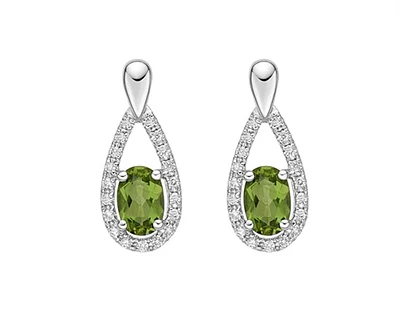 10K White Gold 6x4mm Oval Cut Peridot and 0.14cttw Diamond Halo Dangle Earrings with Butterfly Backings