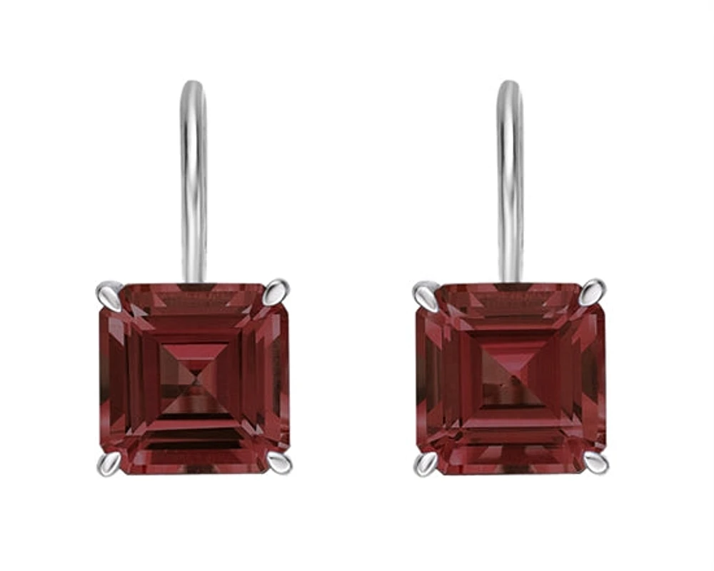 10K White Gold 6mm Emerald Cut Garnet Dangle Earrings with Leverbacks