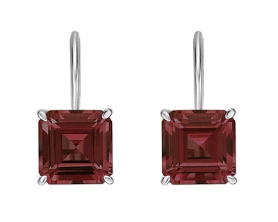 10K White Gold 6mm Emerald Cut Garnet Dangle Earrings with Leverbacks