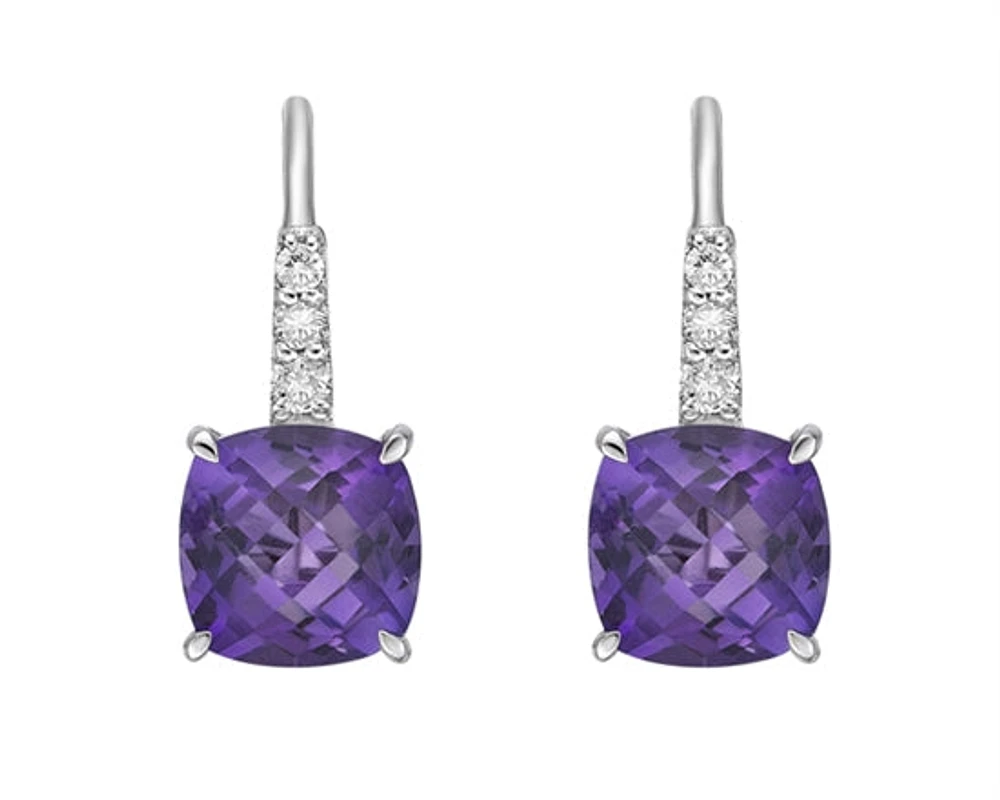 10K White Gold 2.35cttw Amethyst and 0.065cttw Diamond Drop Earrings with Lever Backs