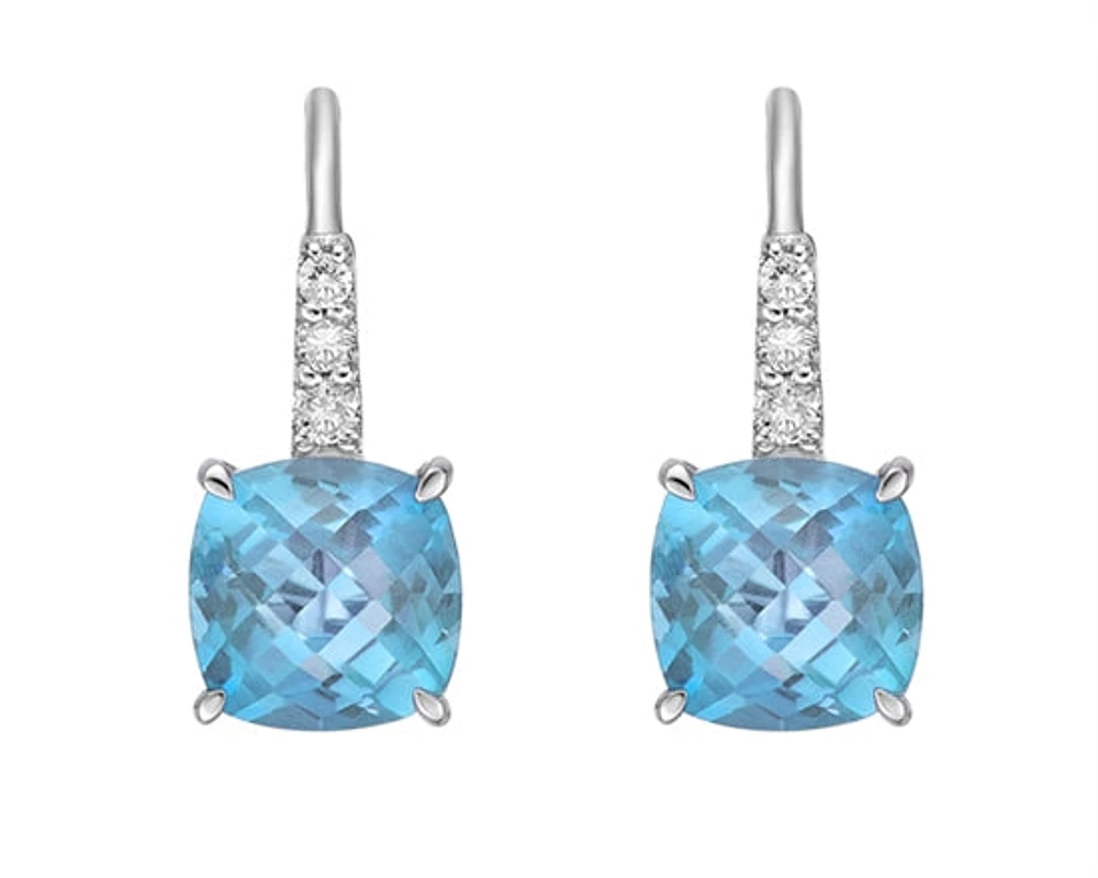 10K White Gold 6mm Checkerboard Cushion Cut Swiss Blue Topaz and 0.065cttw Diamond Dangle Earrings