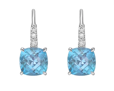10K White Gold 6mm Checkerboard Cushion Cut Swiss Blue Topaz and 0.065cttw Diamond Dangle Earrings