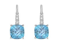 10K White Gold 6mm Checkerboard Cushion Cut Swiss Blue Topaz and 0.065cttw Diamond Dangle Earrings