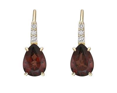 10K Yellow Gold 7x5mm Pear Cut Garnet and 0.065cttw Diamond Dangle Earrings with Leverbacks