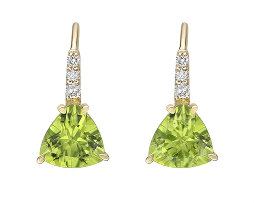 10K Yellow Gold 6mm Trillion Cut Peridot and 0.065cttw Diamond Dangle Earrings with Leverbacks