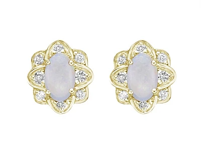 10K Yellow Gold 5x3mm Oval Cut White Opal and 0.08cttw Diamond Halo Stud Earrings with Butterfly Backings