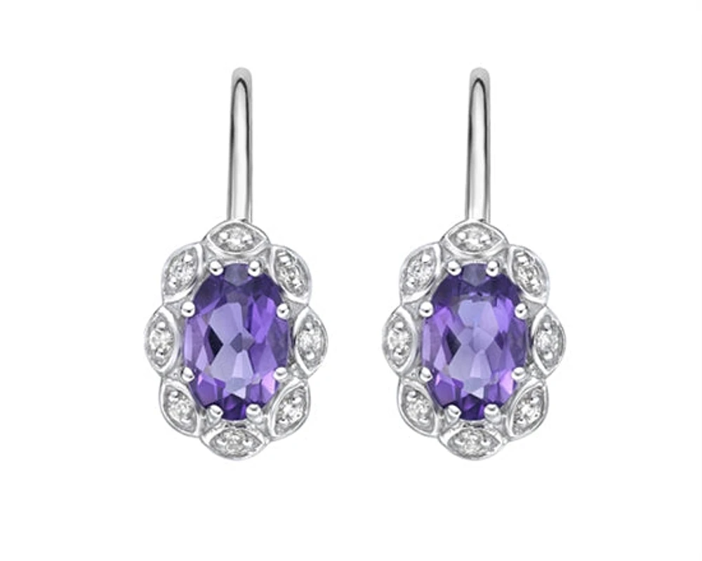 10K White Gold 0.80cttw Amethyst and 0.06cttw Diamond Dangle Earrings