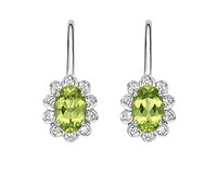 10K White Gold 6x4mm Oval Cut Peridot and 0.08cttw Diamond Scallop Halo Dangle Earrings with Leverbacks