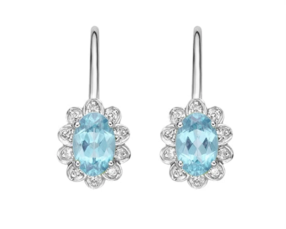 10K White Gold 6x4mm Oval Cut Swiss Blue Topaz and 0.083cttw Diamond Dangle Earrings