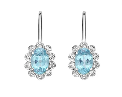 10K White Gold 6x4mm Oval Cut Swiss Blue Topaz and 0.083cttw Diamond Dangle Earrings