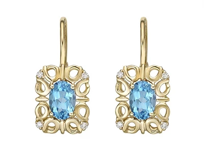 10K Yellow Gold 6x4mm Oval Cut Swiss Blue Topaz and 0.045cttw Diamond Dangle Earrings