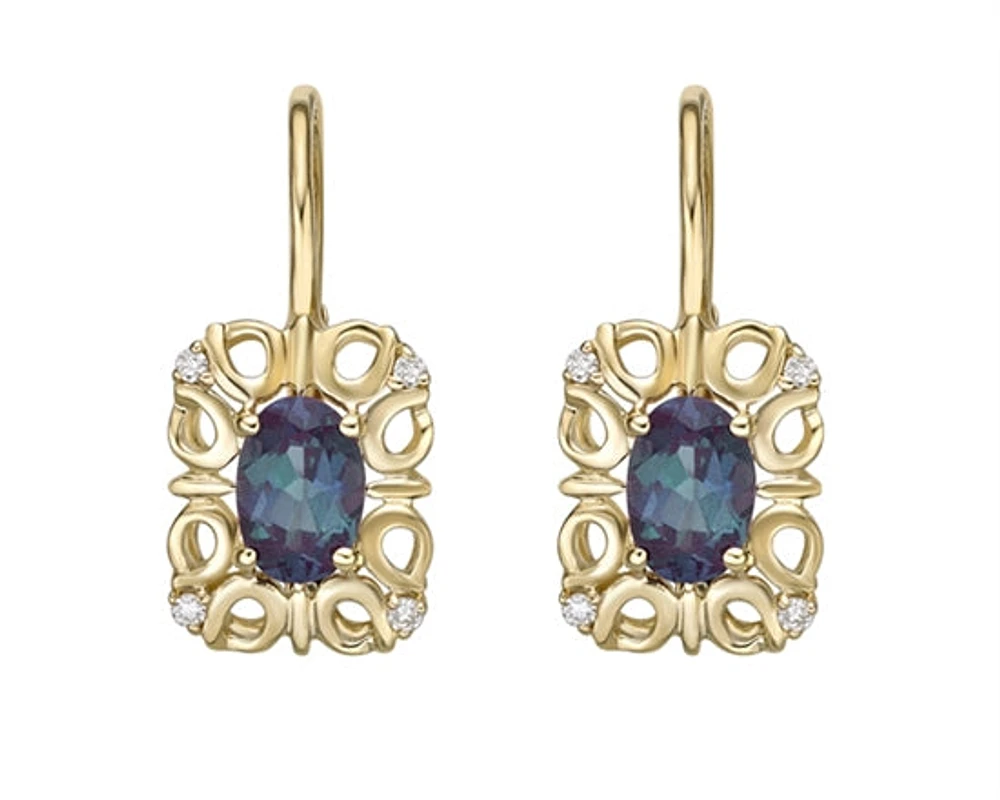10K Gold 6x4mm Oval Cut Created Alexandrite and 0.045cttw Diamond Dangle Earrings with Euro Backs