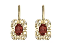 10K Yellow Gold 6x4mm Oval Cut Garnet and 0.045cttw Diamond Dangle Earrings with Euro Backs
