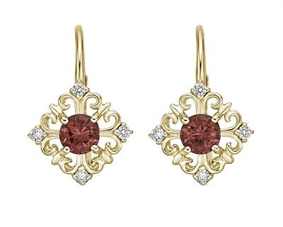 10K Yellow Gold 4mm Round Cut Garnet and 0.10cttw Diamond Dangle Earrings with Leverbacks