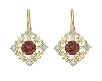 10K Yellow Gold 4mm Round Cut Garnet and 0.10cttw Diamond Dangle Earrings with Leverbacks
