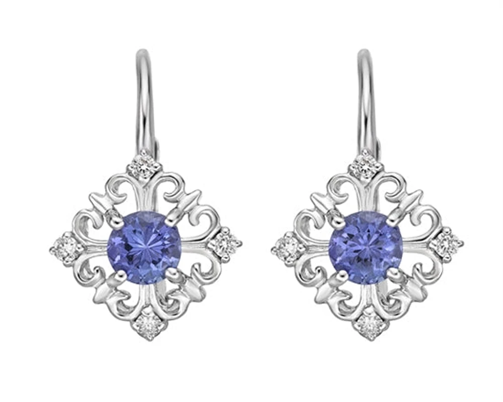 10K White Gold 4mm Round Cut Tanzanite and 0.10cttw Diamond Earrings with Leverbacks