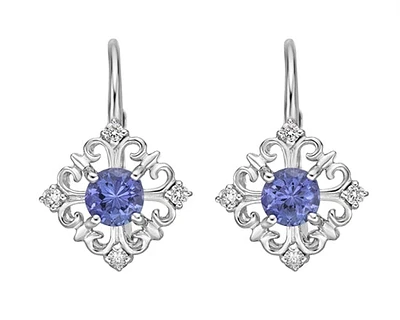 10K White Gold 4mm Round Cut Tanzanite and 0.10cttw Diamond Earrings with Leverbacks