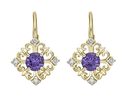 10K Yellow Gold 0.50cttw Amethyst and 0.10cttw Diamond Dangle Earrings