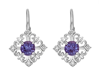 10K Gold 4mm Round Cut Created Alexandrite and 0.10cttw Diamond Dangle Earrings with Leverbacks