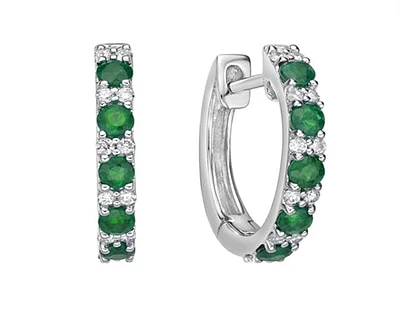 10K White Gold 2.20mm Round Cut Emerald and 0.15cttw Diamond Hoop Earrings with Prong-Set Backings