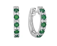 10K White Gold 2.20mm Round Cut Emerald and 0.15cttw Diamond Hoop Earrings with Prong-Set Backings