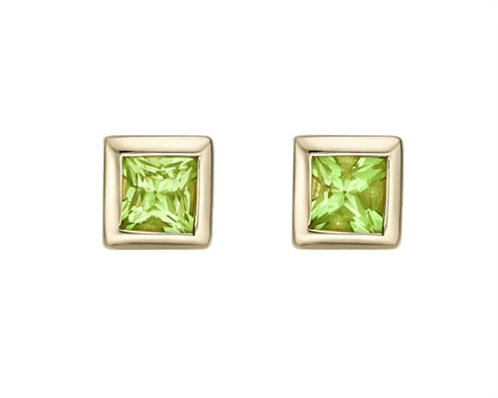 10K Yellow Gold 3mm Princess Cut Bezel Set Peridot Earrings