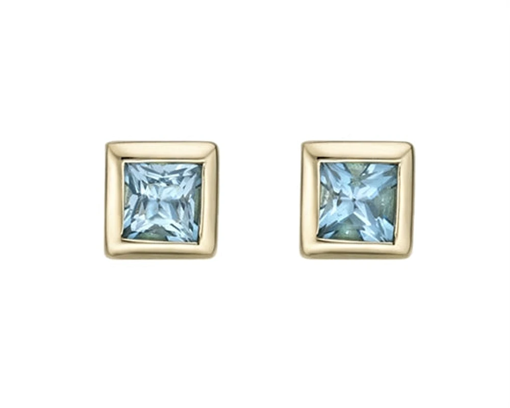 10K Yellow Gold 3mm Blue Topaz Princess Cut Bezel Set Earrings