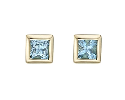 10K Yellow Gold 3mm Blue Topaz Princess Cut Bezel Set Earrings