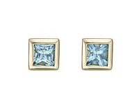 10K Yellow Gold 3mm Blue Topaz Princess Cut Bezel Set Earrings