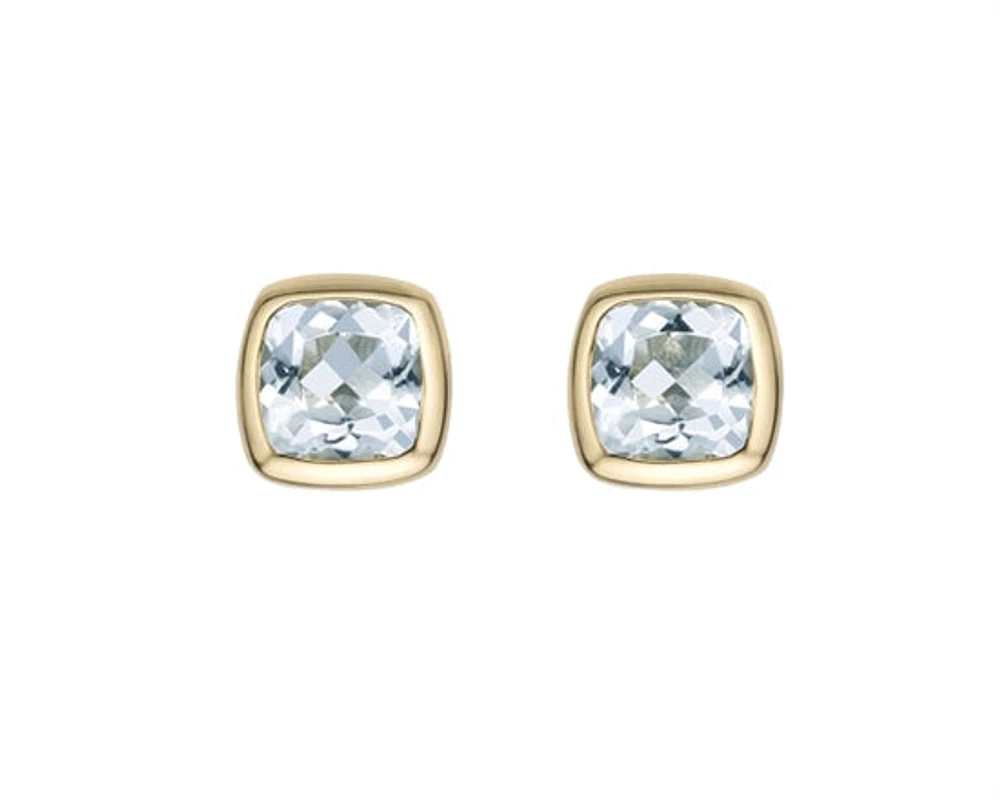 10K Yellow Gold 4.0mm Cushion Cut Aquamarine Bezel Set Stud Earrings