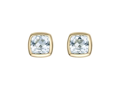 10K Yellow Gold 4.0mm Cushion Cut Aquamarine Bezel Set Stud Earrings