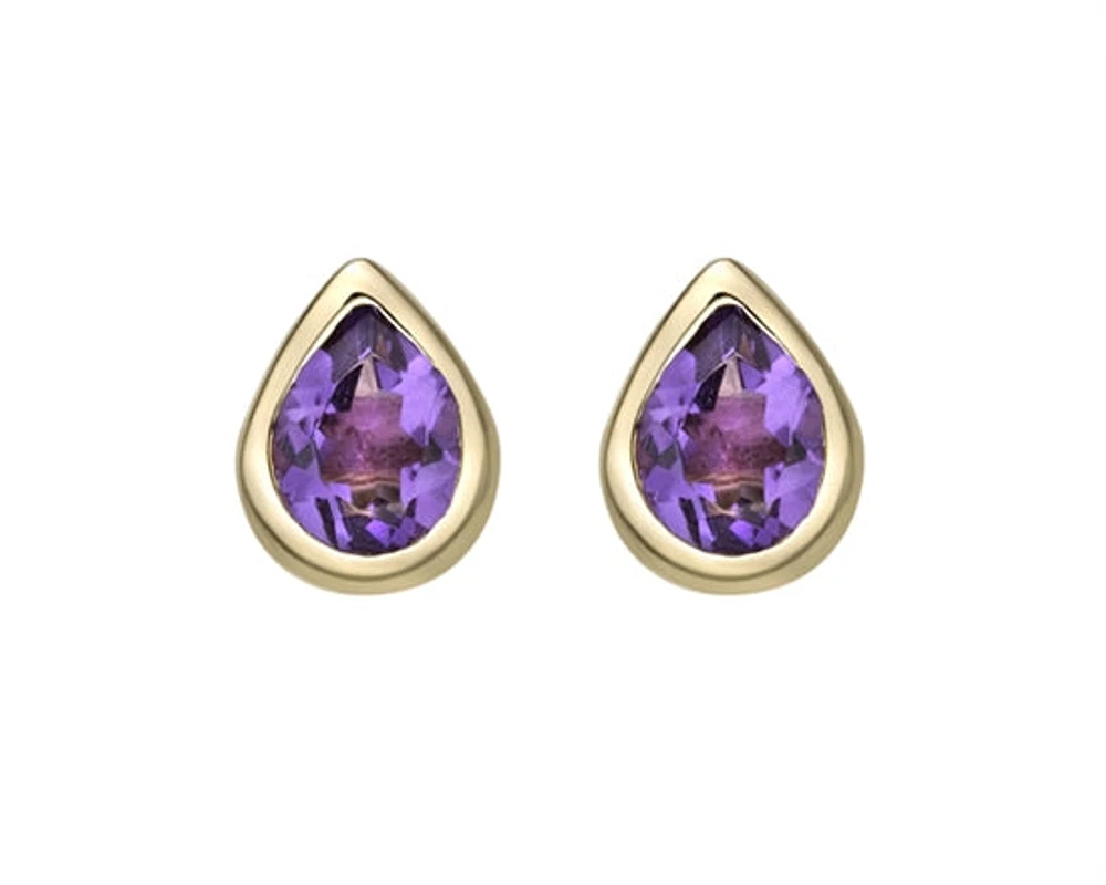 10K Yellow Gold 0.35cttw Pear Cut Amethyst Bezel Set Stud Earrings