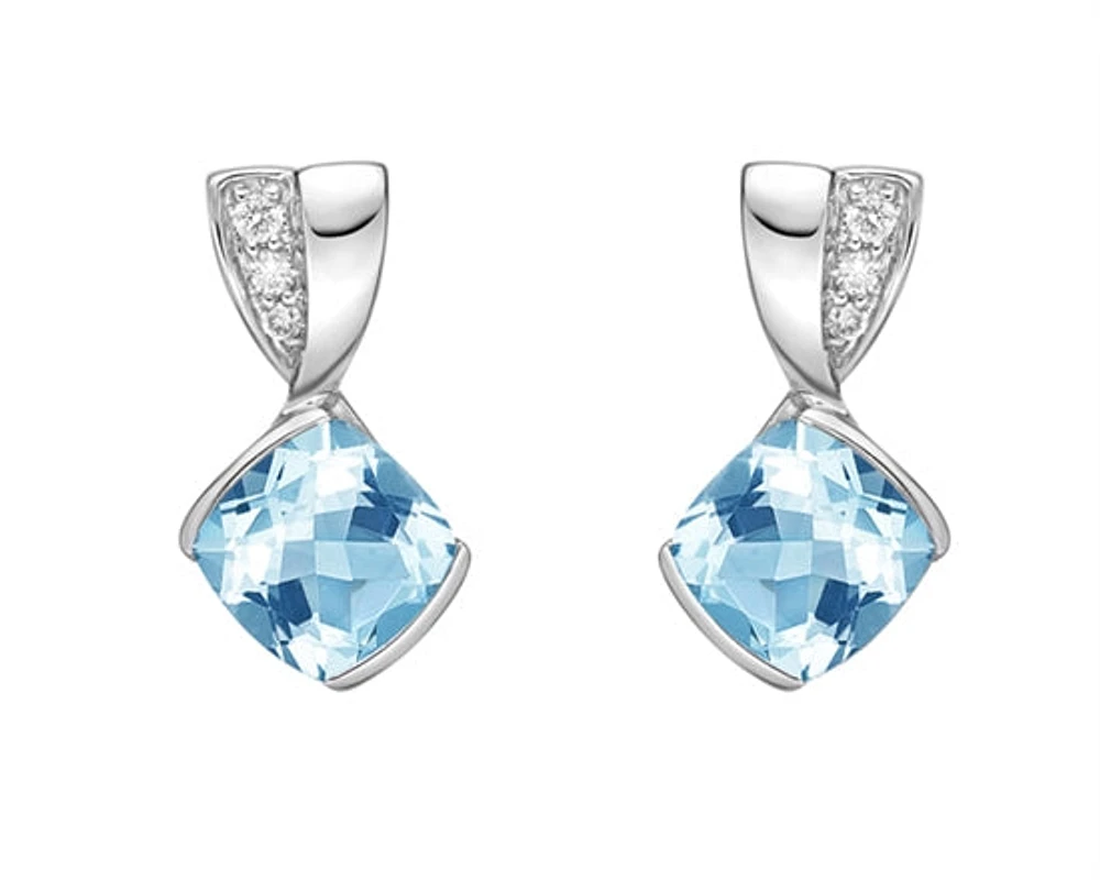 10K White Gold 6mm Cushion Cut Swiss Blue Topaz and 0.051cttw Diamond Dangle Earrings