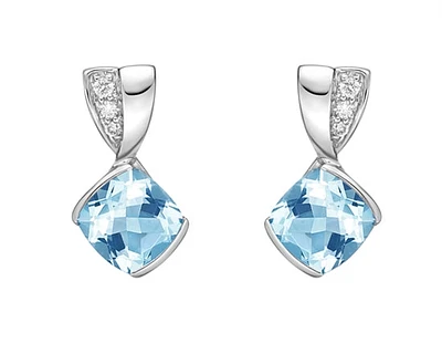 10K White Gold 6mm Cushion Cut Swiss Blue Topaz and 0.051cttw Diamond Dangle Earrings
