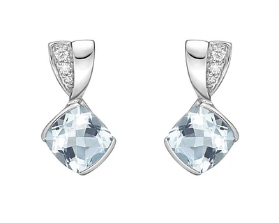 10K White Gold 6.0mm Cushion Cut  Aquamarine and 0.051cttw Diamond Dangle Earrings