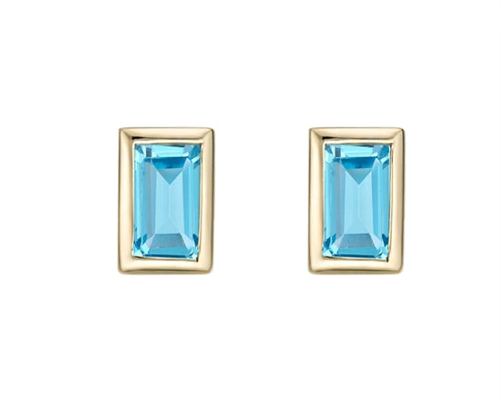 10K Yellow Gold 4x2mm Baguette Cut Swiss Blue Topaz Bezel Set Earrings