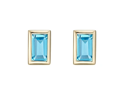10K Yellow Gold 4x2mm Baguette Cut Swiss Blue Topaz Bezel Set Earrings