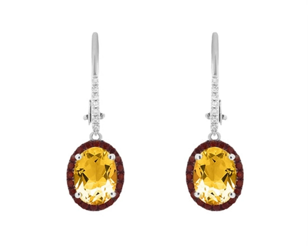 10K White Gold Oval Cut Citrine and 0.06cttw Diamond Dangle Earrings