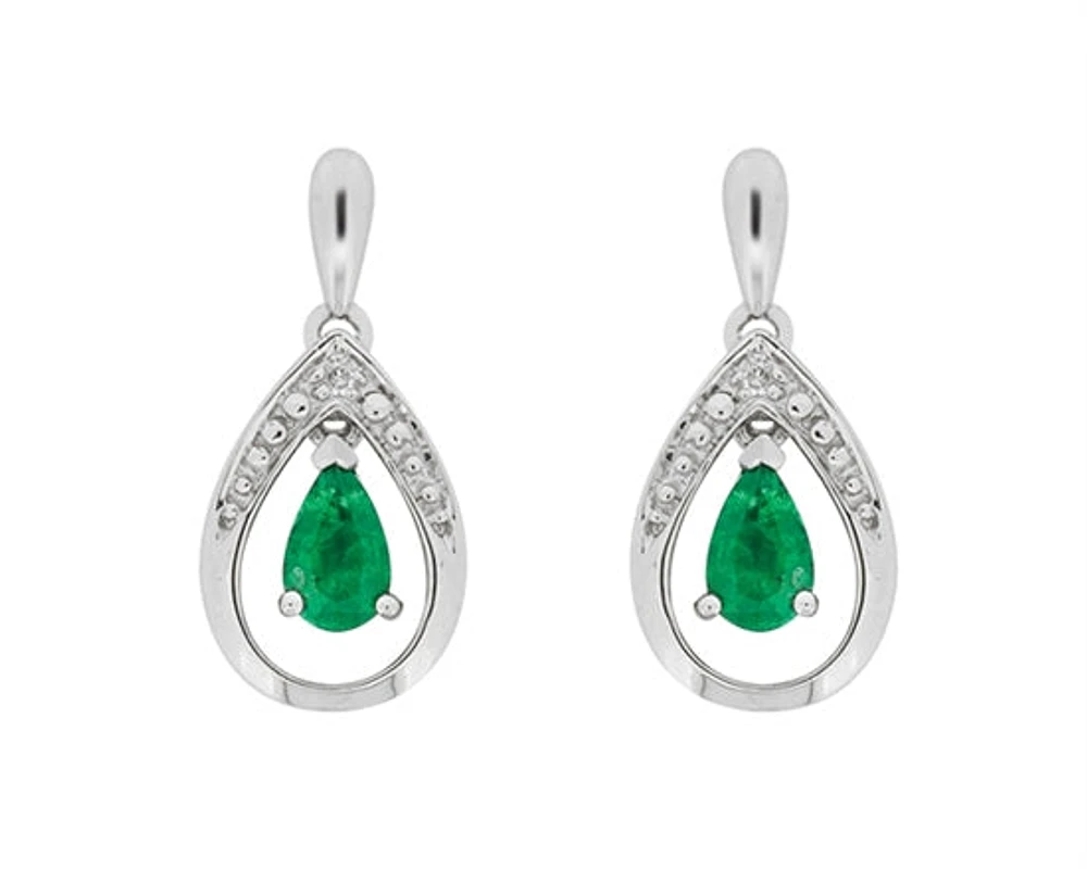 10K White Gold 5x3mm Pear Cut Emerald and 0.01cttw Diamond Dangle Earrings with Butterfly Backings