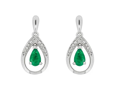 10K White Gold 5x3mm Pear Cut Emerald and 0.01cttw Diamond Dangle Earrings with Butterfly Backings